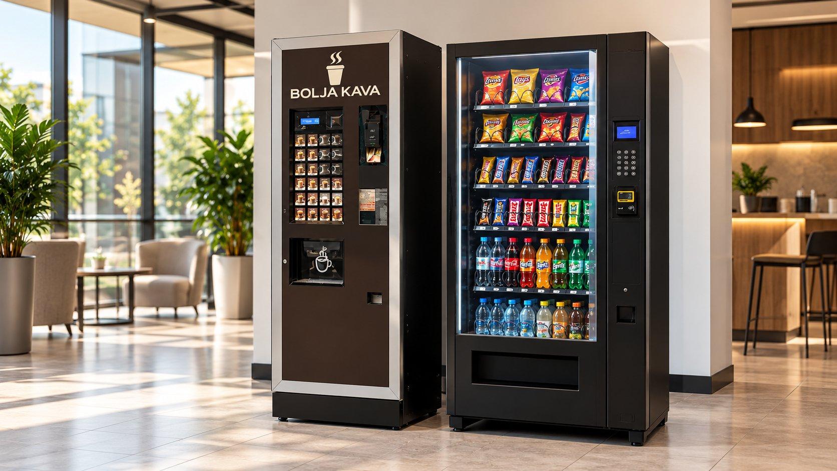 Ein Kaffeeautomat von BOLJA KAVA und ein Snackautomat im Foyer eines Bürogebäudes