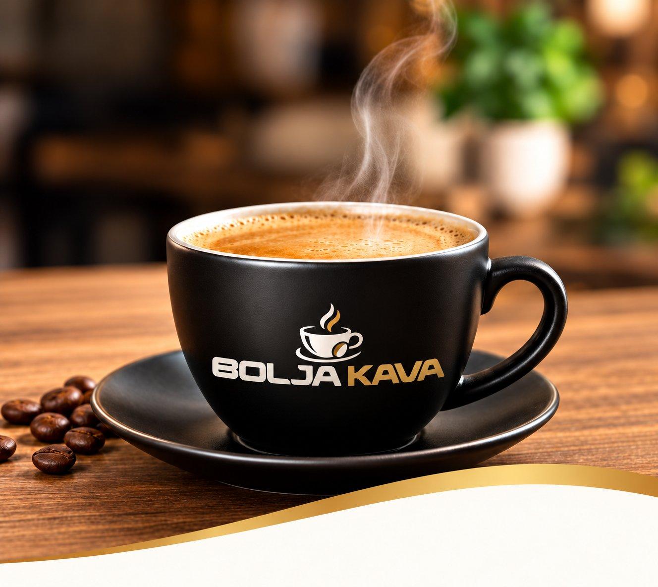 Eine Espressotasse von BOLJA KAVA auf einem Holztisch, mit Kaffeebohnen
