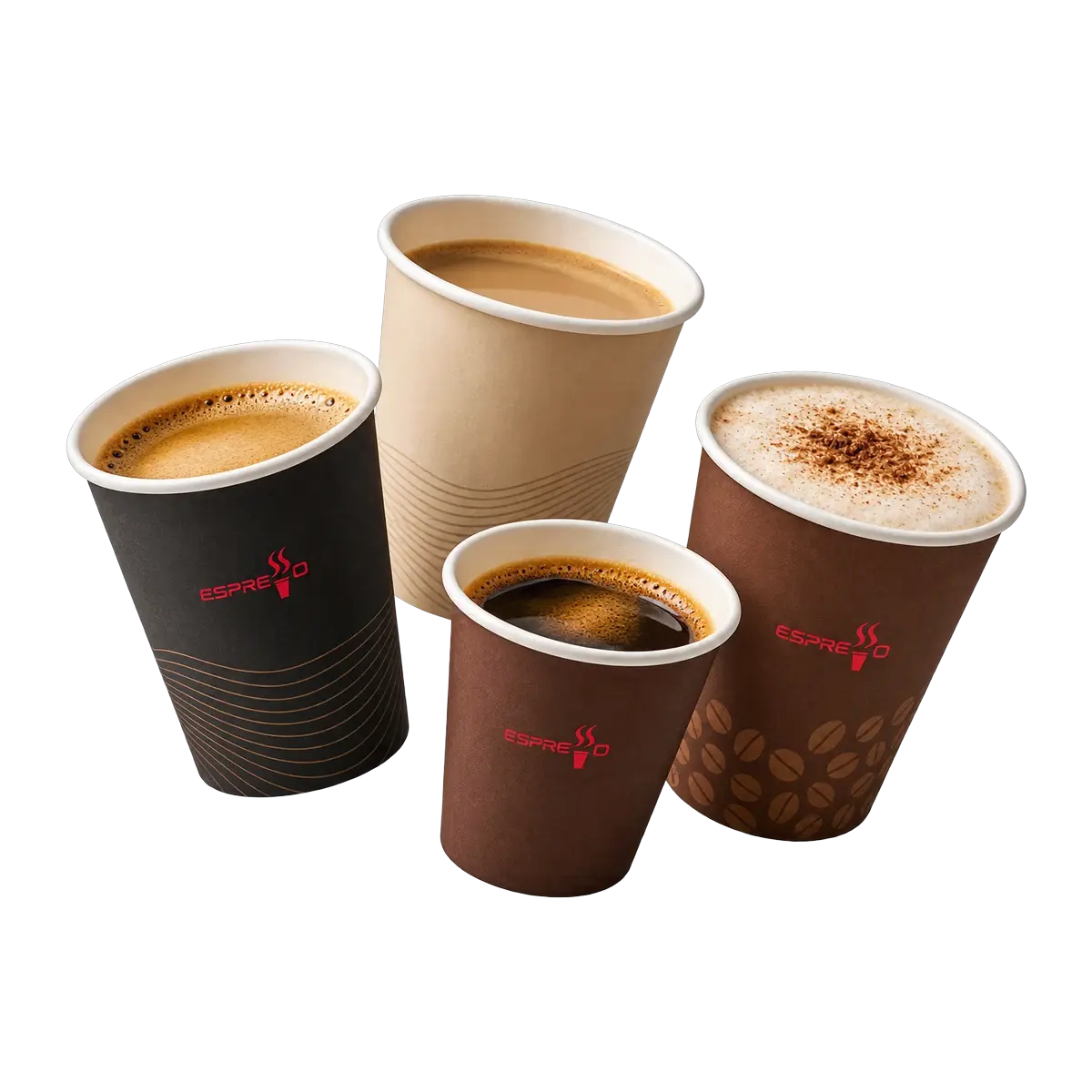Kaffee, Kakao und Tee in Espresso-Pappbechern